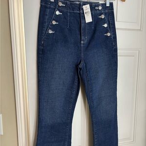 LOFT Dark Blue Kick Crop Flare Jeans with Button Detail.